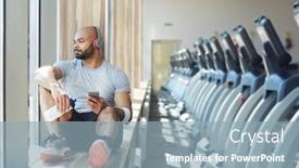  Presentation with old man and his music - Presentation design consisting of calm-man-in-activewear-listening background and a light blue colored foreground