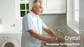  Presentation with filling water glass - Slides with calm senior man filling water background and a violet colored foreground