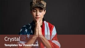  Presentation with broken wall american flag - Colorful PPT theme enhanced with calm-soldier-woman-with-american backdrop and a tawny brown colored foreground