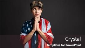  Presentation with american flag - PPT theme featuring calm-soldier-woman-with-american background and a dark gray colored foreground