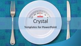  Presentation with tableware - Theme with calories - tableware and plate with weighing background and a light blue colored foreground