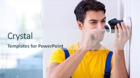  Presentation with surveillance - PPT theme consisting of cam - contractor installing surveillance cctv cameras background and a sky blue colored foreground