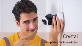  Presentation with surveillance - PPT layouts having cam - contractor installing surveillance cctv cameras background and a coral colored foreground
