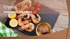  Presentation with shrimps - Beautiful PPT layouts featuring grilled shrimps on stone plate backdrop and a coral colored foreground