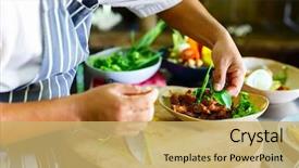  Presentation with cooking chef - PPT layouts enhanced with cambodian meat dish at cooking background and a yellow colored foreground