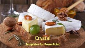  Presentation with camembert - Audience pleasing slide set consisting of camembert cheese on paper grapes nuts and honey in glass bowl on on cutting board on wooden background backdrop and a tawny brown colored foreground