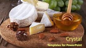  Presentation with camembert - Theme featuring camembert cheese on paper grapes nuts and honey in glass bowl on on cutting board on wooden background background and a tawny brown colored foreground