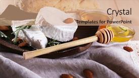  Presentation with camembert - Slide deck consisting of camembert cheese on plate nuts and bread on sackcloth on wooden background background and a coral colored foreground
