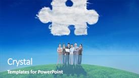  Presentation with puzzle team - Colorful slide set enhanced with camera against cloud jigsaw piece backdrop and a light blue colored foreground