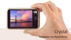  Presentation with bridge - Beautiful PPT theme featuring camera and 25th of april backdrop and a coral colored foreground