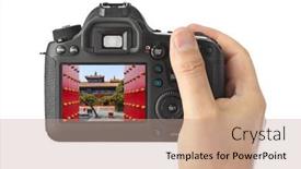  Presentation with lama - Amazing PPT theme having camera-and-lama-yonghe-temple backdrop and a coral colored foreground