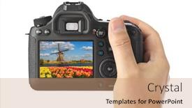  Presentation with windmills - Beautiful presentation theme featuring camera-and-windmills-and-flowers backdrop and a coral colored foreground