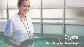  Presentation with coaching - Colorful PPT layouts enhanced with pretty swimming coach smiling backdrop and a mint green colored foreground