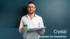  Presentation with happy image - Colorful slide deck enhanced with camera drinking coffee reading newspaper backdrop and a ocean colored foreground