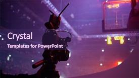  Presentation with sports arena - Beautiful slide set featuring camera filming basketball game live backdrop and a violet colored foreground