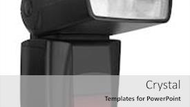  Presentation with flash - Presentation featuring power electronics flashlight - camera flash isolated on white background and a light gray colored foreground