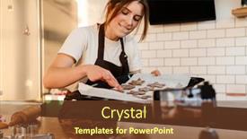  Presentation with cookie - Amazing PPT theme having camera-footage-of-happy-baker backdrop and a tawny brown colored foreground