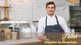  Presentation with entrepreneur - Cool new slides with camera happy smiling waiter backdrop and a tawny brown colored foreground