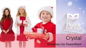 Presentation with siblings - Beautiful PPT theme featuring camera holding gifts against purple backdrop and a red colored foreground