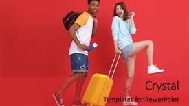 Presentation with happy young student girl holding - Amazing PPT theme having camera holding passports and ticket backdrop and a red colored foreground