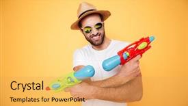  Presentation with happy image - PPT theme featuring camera holding toy water gun background and a yellow colored foreground