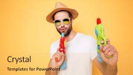  Presentation with guns - Beautiful slide deck featuring camera holding toy water guns backdrop and a yellow colored foreground