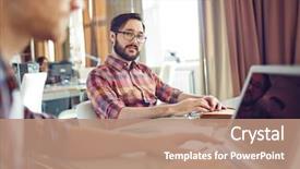  Presentation with young students working in groups - Cool new slide deck with camera in working environment backdrop and a coral colored foreground