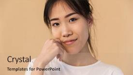  Presentation with korean - PPT theme with camera isolated over beige background and a coral colored foreground