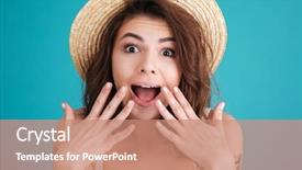  Presentation with portrait of excited overjoyed female - Cool new PPT theme with camera isolated over blue background backdrop and a coral colored foreground