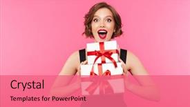  Presentation with boxes - Cool new PPT theme with camera isolated over pink backdrop and a coral colored foreground