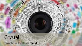  Presentation with lens - Presentation featuring camera lens against light background photography business background and a light gray colored foreground