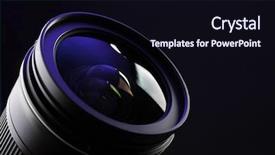  Presentation with lens - Presentation theme featuring quality circle - camera lens on dark background background and a wine colored foreground
