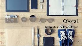  Presentation with journalist - Slides with camera lenses wallet gumshoes usb background and a mint green colored foreground