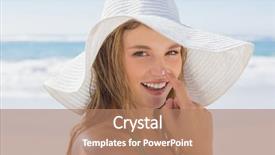  Presentation with nose - Slide deck with beautiful girl putting spf on nose on the beach smiling at camera on a sunny day background and a coral colored foreground