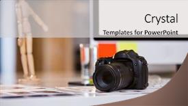 Presentation with desk - Amazing PPT theme having camera on photographs at computer backdrop and a  colored foreground