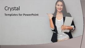  Presentation with woman business - Audience pleasing slide deck consisting of camera over gray background backdrop and a light gray colored foreground