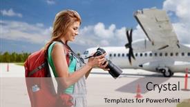  Presentation with air plane - Amazing PPT theme having camera over plane on airfield backdrop and a  colored foreground