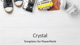  Presentation with travel concept silhouette - PPT theme with camera passport headphones and tram background and a white colored foreground