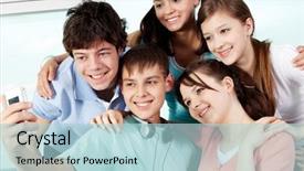  Presentation with teenagers - PPT layouts featuring camera phone - five teenagers taking photo background and a light blue colored foreground