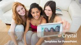  Presentation with friends - Slide deck having camera phone - happy young female friends photographing background and a  colored foreground