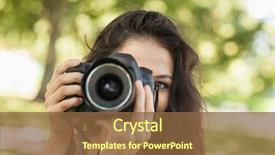  Presentation with buddhas picture - Beautiful presentation theme featuring camera photography - pretty brunette woman taking backdrop and a tawny brown colored foreground