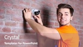  Presentation with cctv - Presentation enhanced with camera security systems - professional cctv technician working background and a coral colored foreground