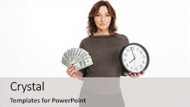  Presentation with business woman standing on maze - Colorful presentation enhanced with camera showing clock holding money backdrop and a light gray colored foreground