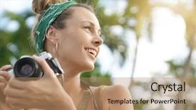  Presentation with palm - Presentation theme enhanced with camera surrounded by palm trees background and a  colored foreground