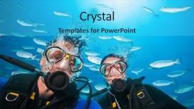  Presentation with divers - Slide set consisting of camera underwater flock of fish background and a cyan colored foreground