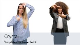  Presentation with women making - Presentation theme featuring camera vision - team of business men background and a light blue colored foreground