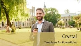 Presentation with green trees in park - Audience pleasing presentation design consisting of camera while drinking takeaway coffee backdrop and a yellow colored foreground