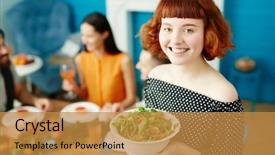  Presentation with cutout paper people standing around globe holding hands - Amazing presentation theme having camera while eating with friends backdrop and a gold colored foreground