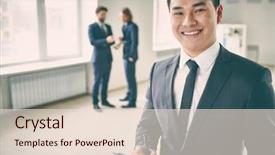  Presentation with young business people - Cool new slide deck with camera while his colleagues talking backdrop and a lemonade colored foreground