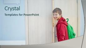  Presentation with backpack - Amazing theme having camera while opening classroom door backdrop and a light blue colored foreground